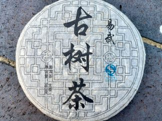 An unopened Gushu raw puerh tea cake outside on the driveway