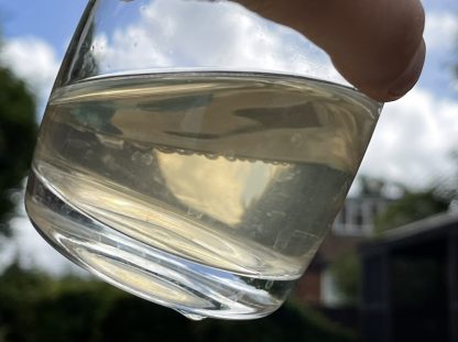 A man holding Chinese white tea in a glass to the sky?